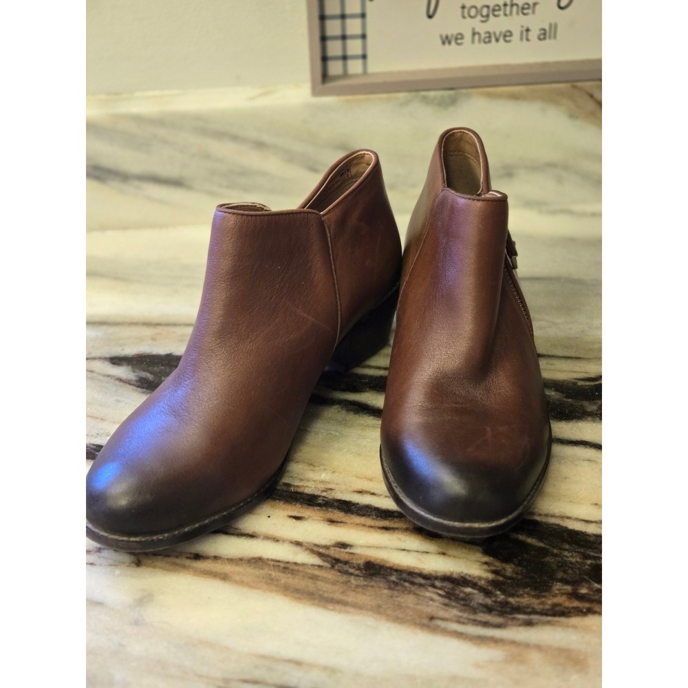 Vionic Jolene Brown Leather Ankle Boots Side Zip Block Heel Womens 9 VS350